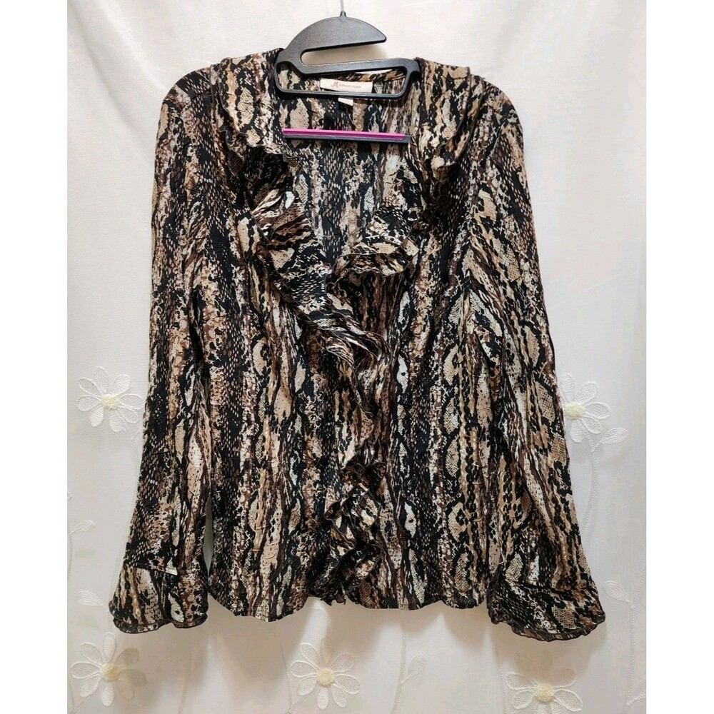 JM Collection Womens Brown 12 Blouse Snakeskin Wild Ruffle Python Button Up Work
